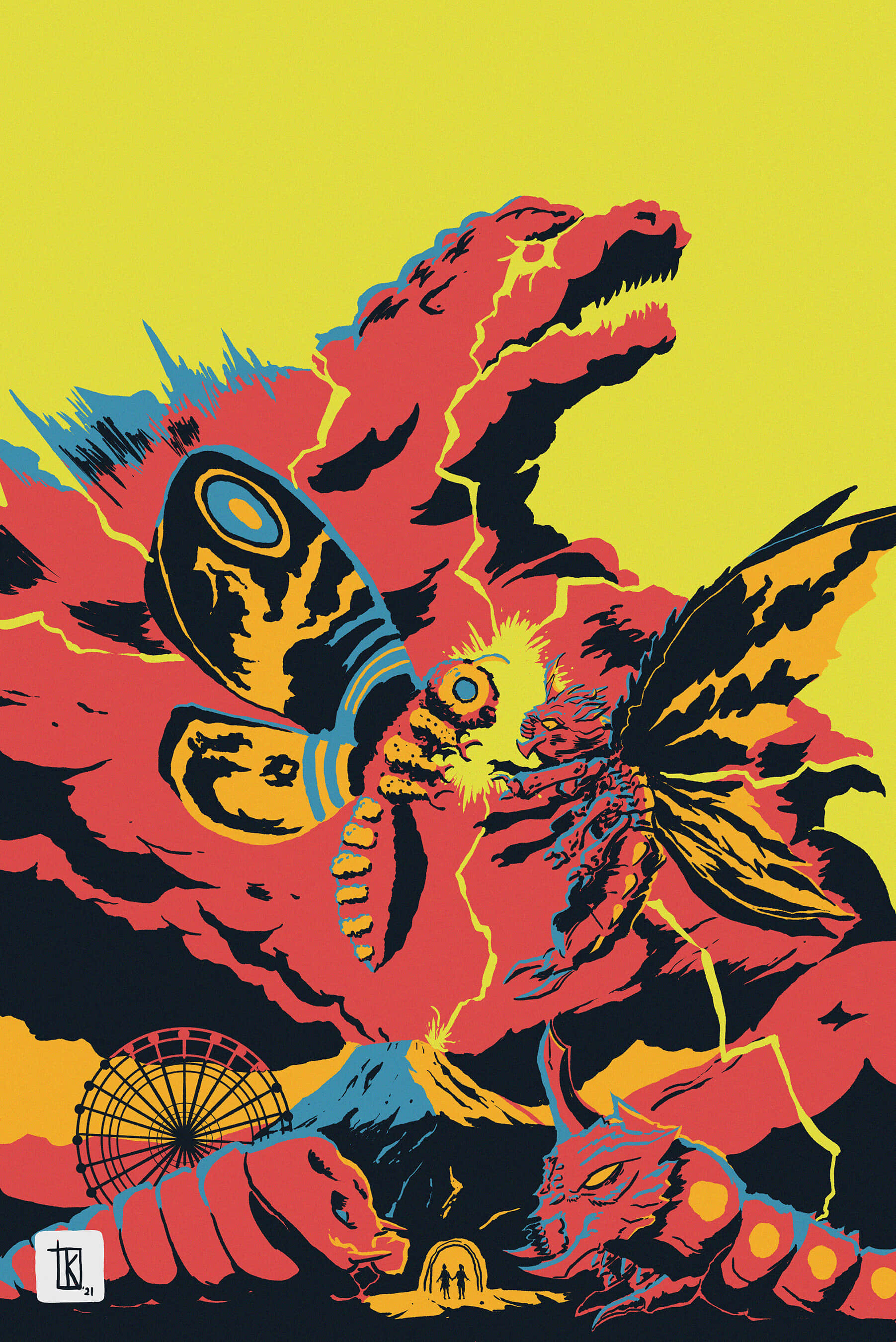 Godzilla Vs Mothra 桌布 壁紙 — 一隻風格化的紅黃色怪物，長著蝴蝶翅膀和發光的眼睛，在明亮的黃色背景上咆哮。