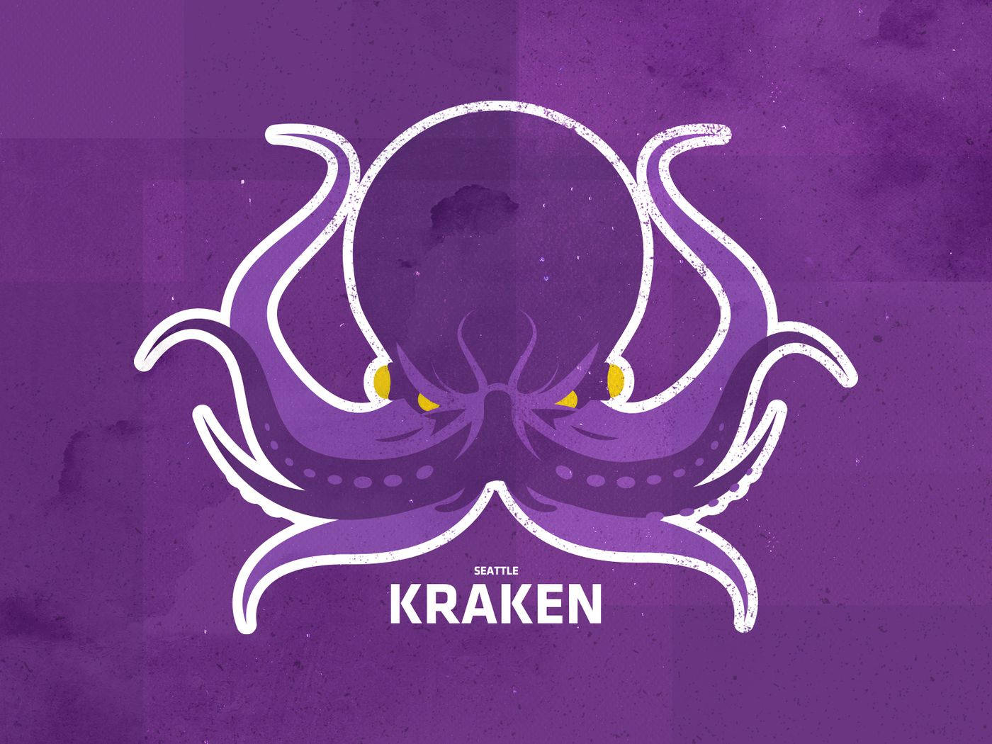 Kraken 桌布 壁紙 — 一隻風格化的紫色克拉肯，帶有發光的黃色眼睛和白色輪廓，主導了帶有紋理的紫色背景，並附有「Seattle Kraken」文字。