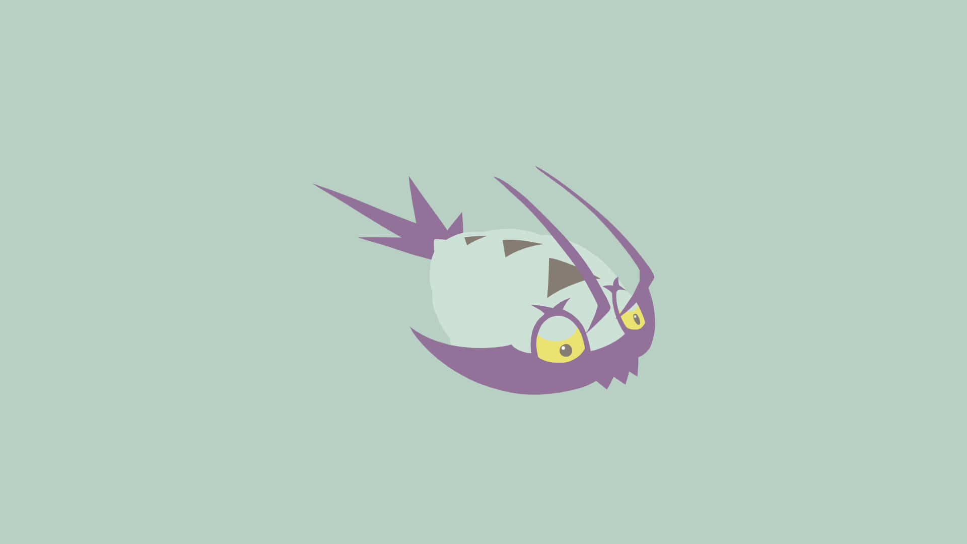 Pokemon Aesthetic 桌布 壁紙 — 一隻風格化的紫色和白色卡通螃蟹，黃色眼睛，在柔和的綠色背景上憤怒地凝視。