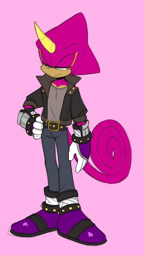 chameleon 桌布 壁紙 — 一隻風格化的紫色擬人狐狸，有黃色角和螺旋尾巴，自信地穿著皮夾克站在純粉紅色背景前。