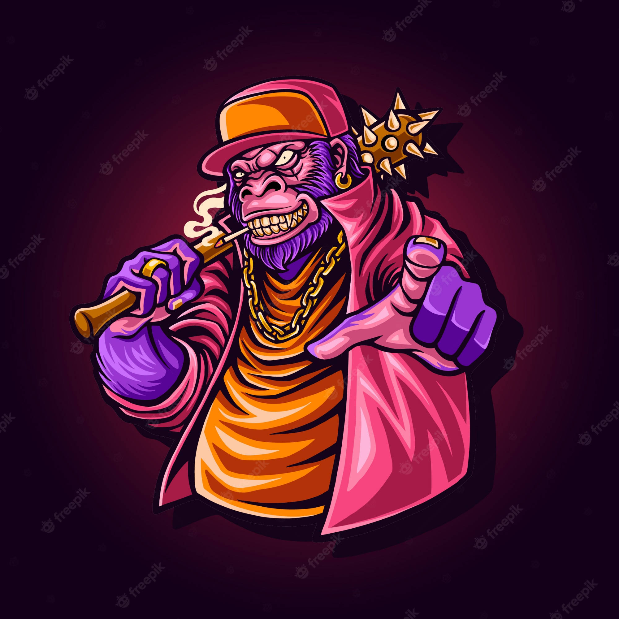 Gangsta Cartoon 桌布 壁紙 — 一隻風格化的紫色猴子，穿著粉紅色外套和橙色帽子，抽著雪茄，自信地指向黑暗背景。