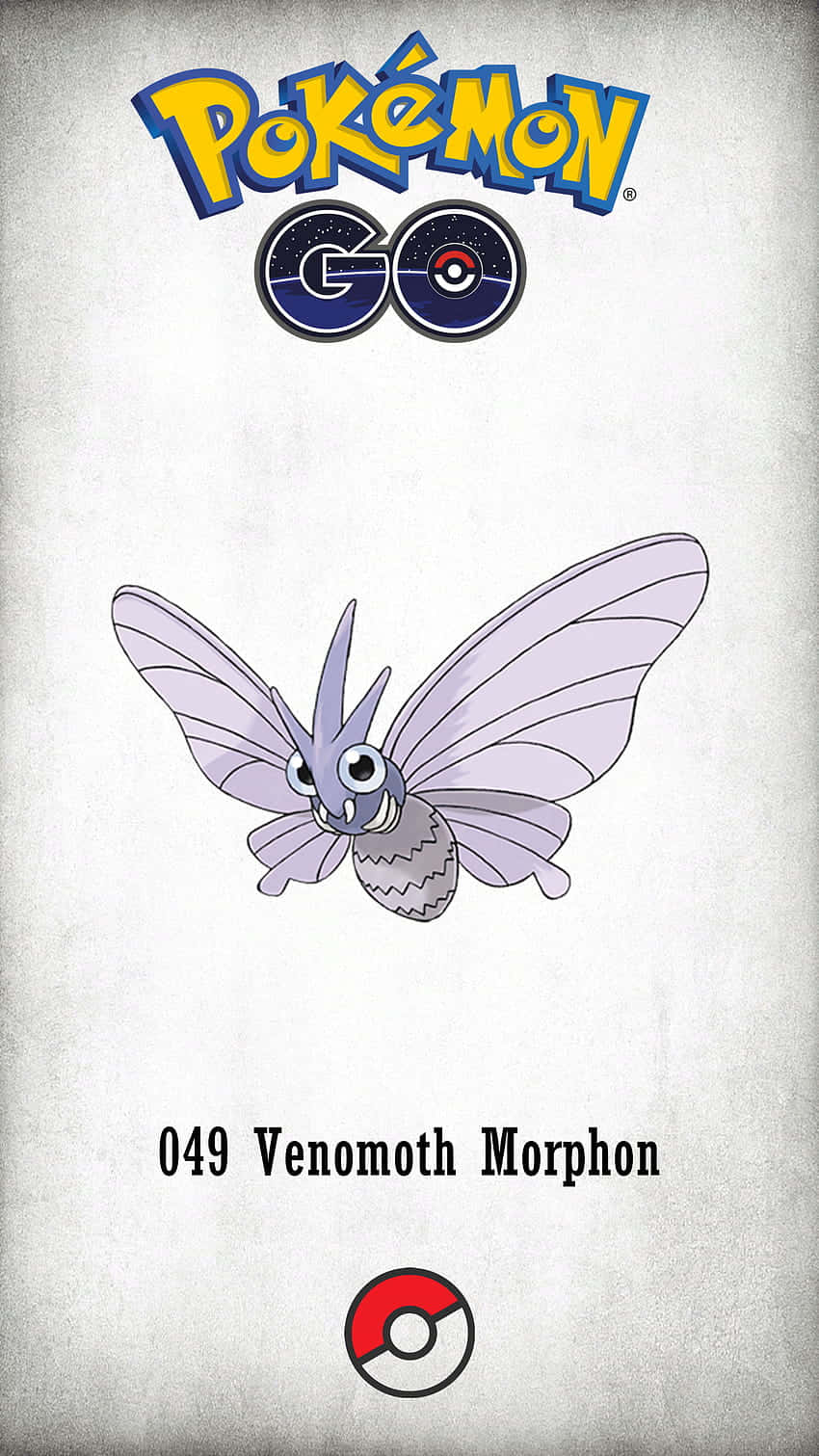 寶可夢 桌布 壁紙 — 一隻風格化的紫色蛾寶可夢名為 Venomoth Morphon，居中於帶有紋理的灰色背景上，並帶有 Pokémon GO 品牌標識。