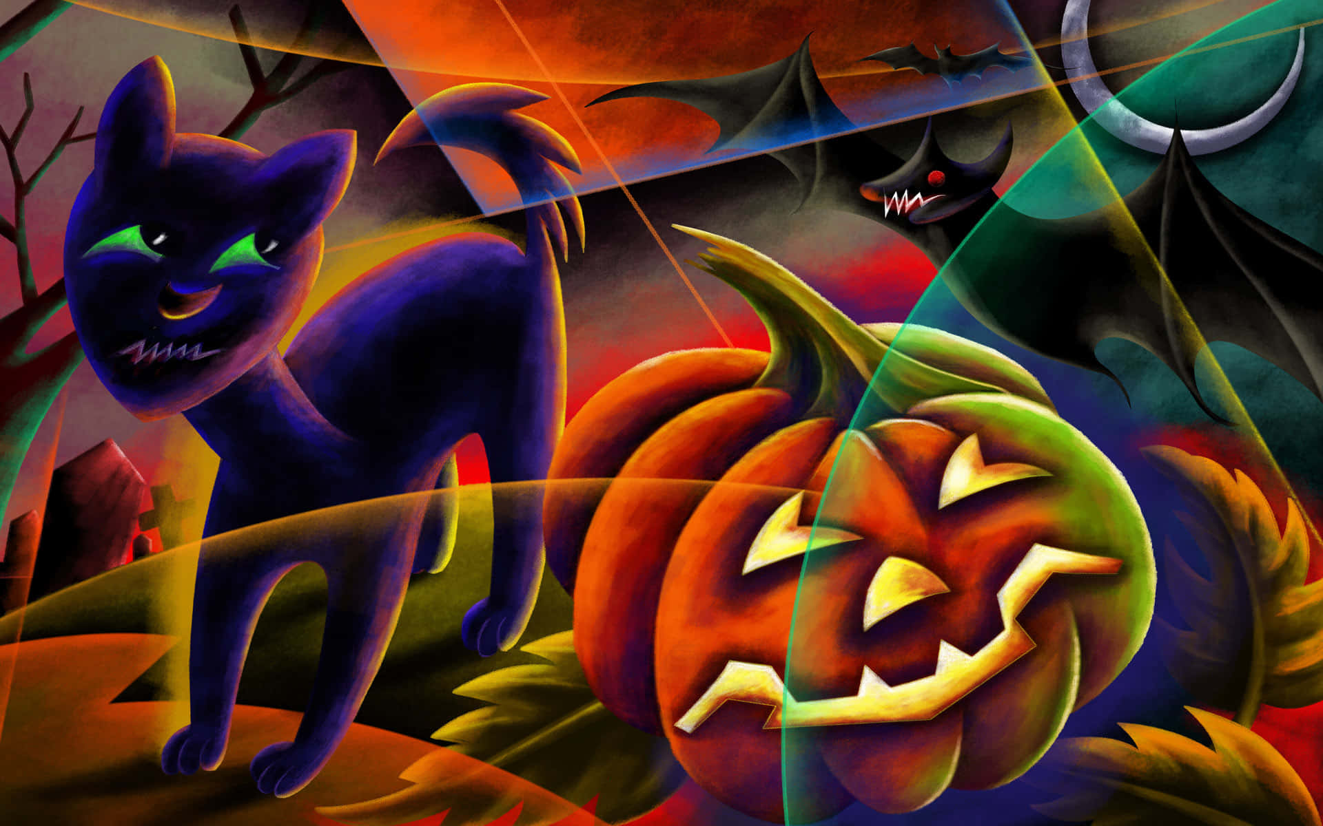 Neon Halloween 桌布 壁紙 — 一隻風格化的紫色貓咪，綠色眼睛，站在發光的傑克南瓜燈旁邊，背景是新月和飛行的蝙蝠。
