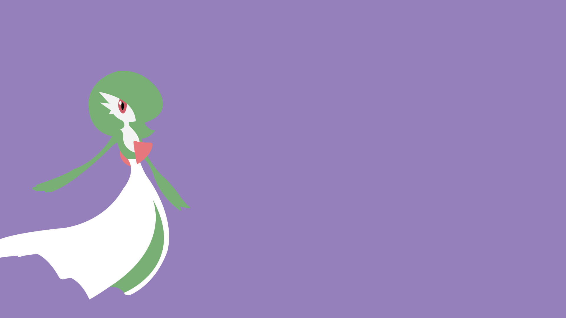 Gardevoir 桌布 壁紙 — 一隻風格化的綠色和白色動畫寶可夢，紅色眼睛，站在純紫色背景前。