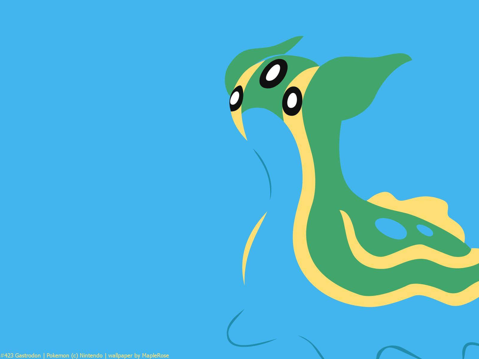 寶可夢 桌布 壁紙 — 一隻風格化的綠色和黃色Gastrodon Pokémon，大眼睛凝視著純藍色背景。