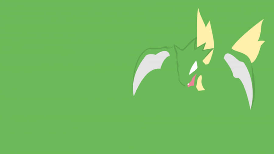 Scyther 桌布 壁紙 — 一隻風格化的綠色和黃色蝙蝠狀生物，帶有白色翅膀，在純綠色背景上滑翔。
