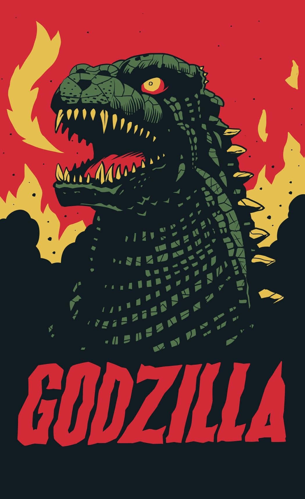 Classic Godzilla 桌布 壁紙 — 一隻風格化的綠色哥吉拉在火紅和黃色的背景前咆哮，下方有粗體紅色文字。