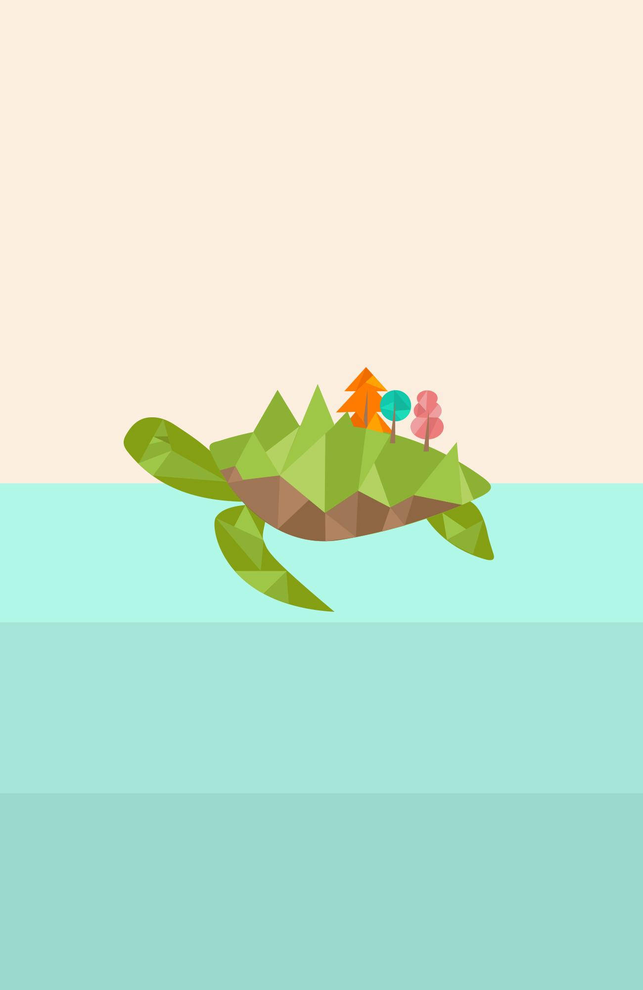 Cartoon Turtle 桌布 壁紙 — 一隻風格化的綠色海龜背著一個有彩色樹木的小森林，在平靜的藍綠色海水中游動。