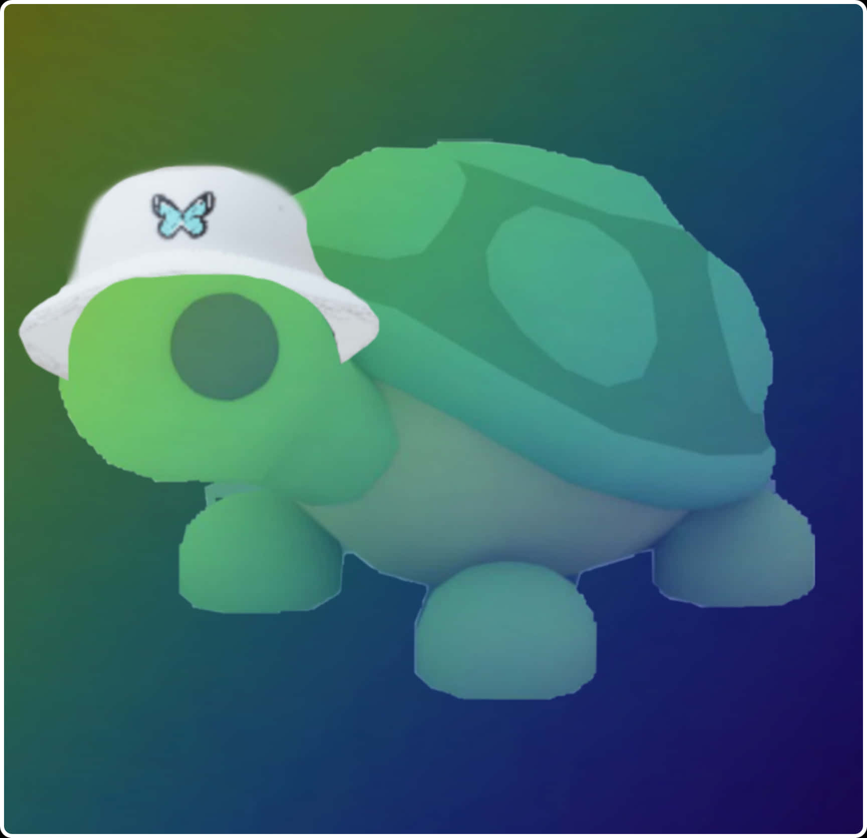 Turtle 桌布 壁紙 — 一隻風格化的綠色烏龜戴著帶有蝴蝶標誌的白色漁夫帽，在藍綠色和藍色的漸變背景中滑行。