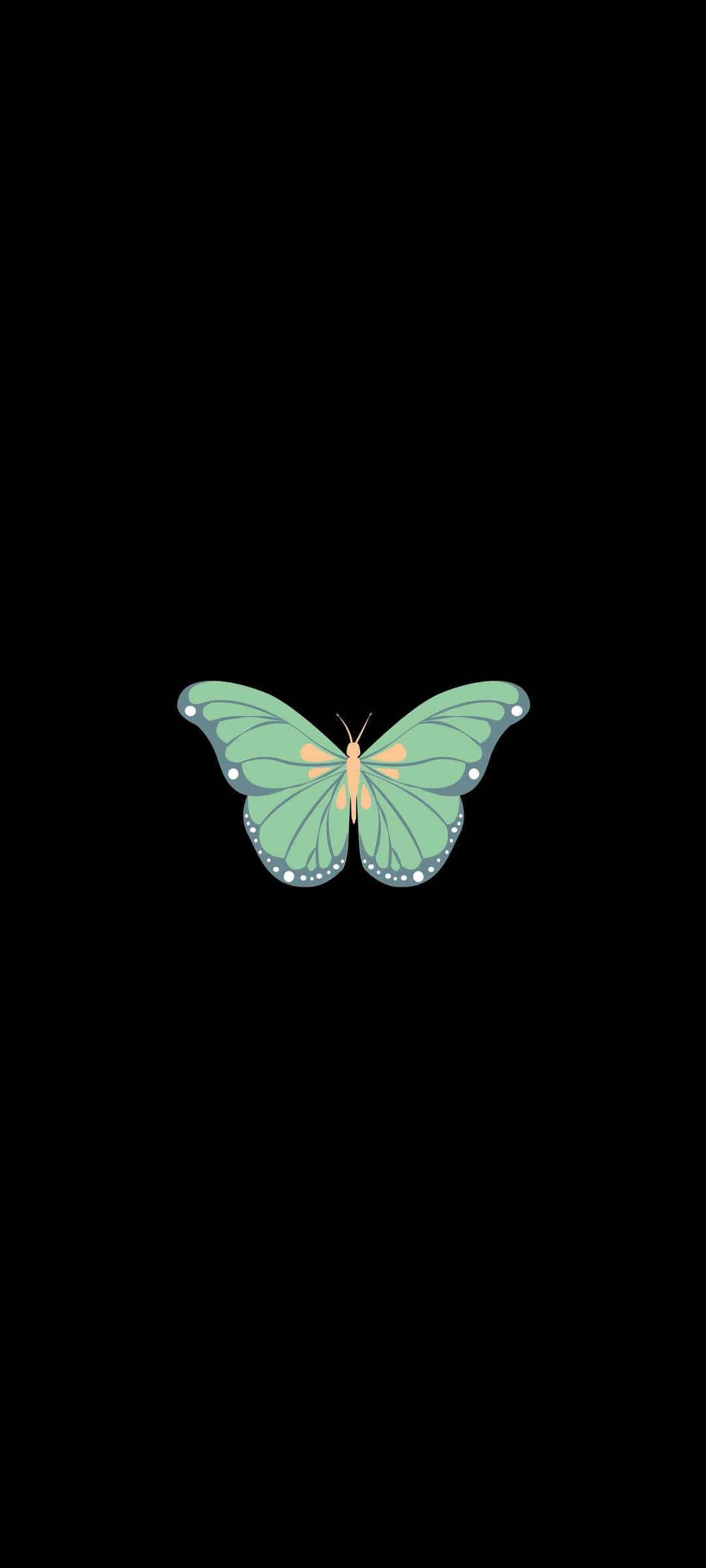 Green Butterfly 桌布 壁紙 — 一隻風格化的綠色蝴蝶，翅膀上有橙色斑點和白色圓點，在純黑色背景上居中休息。