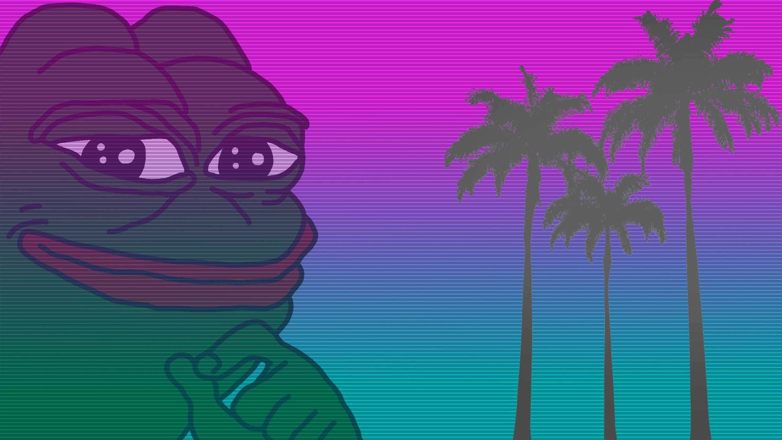 meme 桌布 壁紙 — 一隻風格化的綠色青蛙帶著自鳴得意的表情，站在色彩鮮豔的漸變天空前，背景有棕櫚樹的剪影。