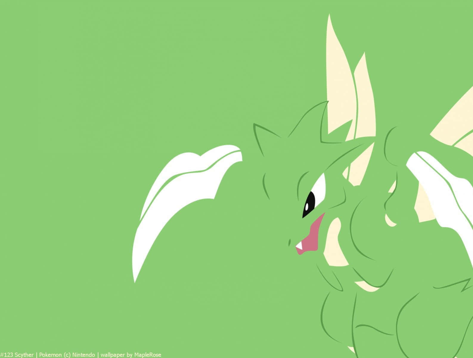 Scyther 桌布 壁紙 — 一隻風格化的綠色飛天螳螂寶可夢，帶有白色翼狀附屬物和鋒利的爪子，在純綠色背景上專注地凝視。