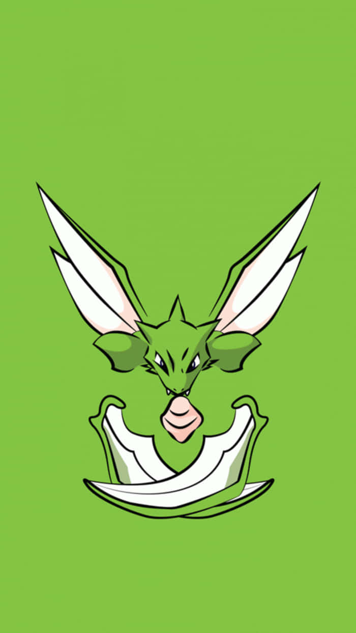 Scyther 桌布 壁紙 — 一隻風格化的綠色龍，帶有白色翼狀耳朵和彎曲的白色尾巴，背景為純綠色。