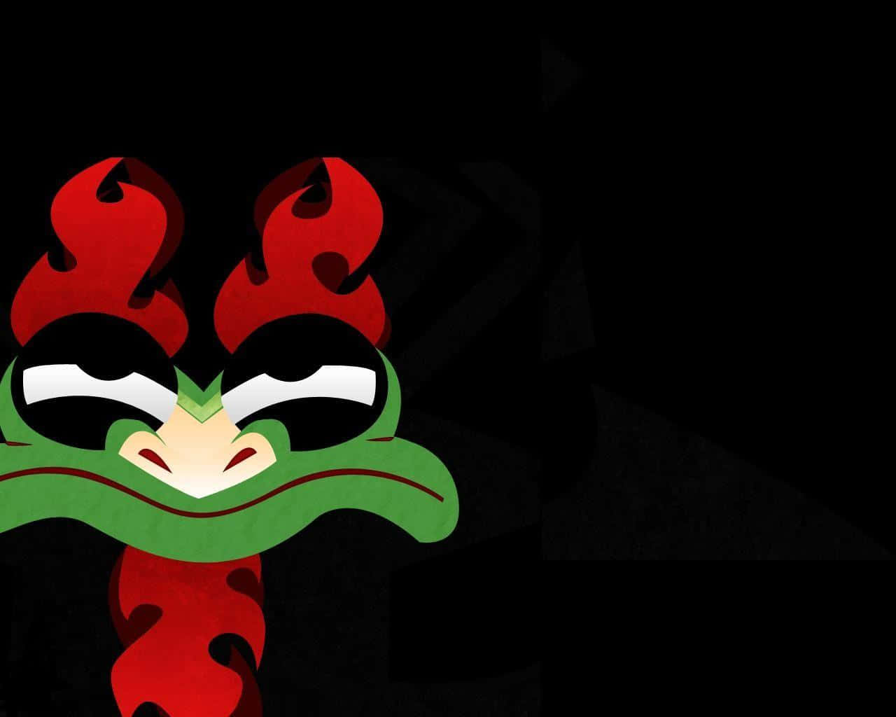 samurai jack 桌布 壁紙 — 一隻風格化的綠色龍，帶有紅色火焰狀的角，在黑色背景上露出威脅的表情。