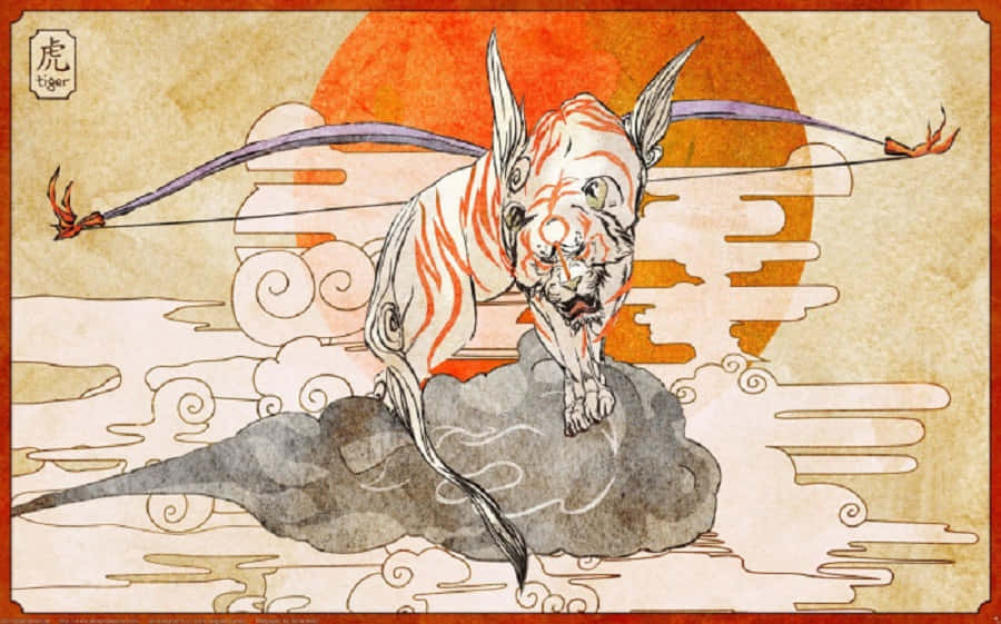 Raijin 桌布 壁紙 — 一隻風格化的老虎帶有橙色條紋，棲息在烏雲之上，背景是火紅的太陽和漩渦狀的雲層。