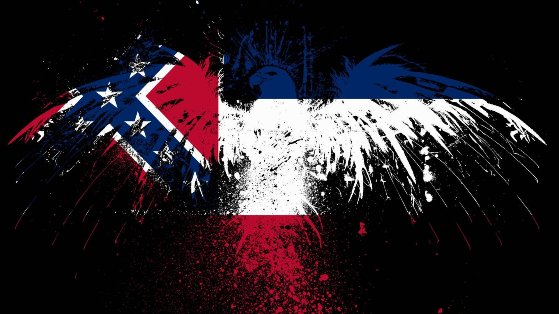 Flag 桌布 壁紙 — 一隻風格化的老鷹，翅膀由濺灑的聯邦旗和海地國旗構成，背景為黑色。