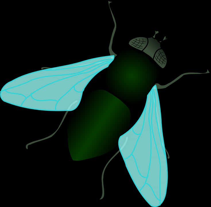 Clip Art 桌布 壁紙 — 一隻風格化的蒼蠅，帶有發光的青色翅膀和深綠色身體，背景為黑色。