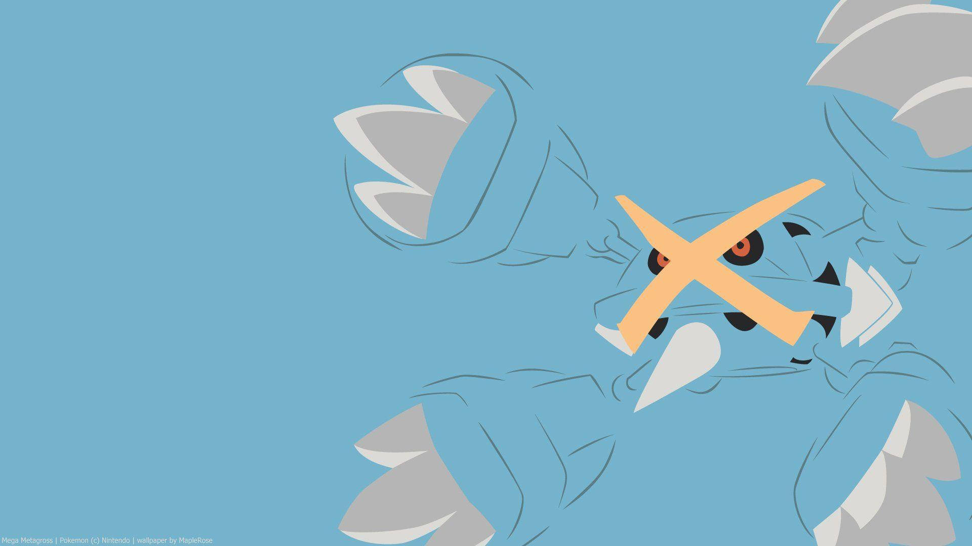 Metagross 桌布 壁紙 — 一隻風格化的藍灰色Mega Evolution寶可夢，有橙色眼睛和臉上黃色的X，背景為純藍色。