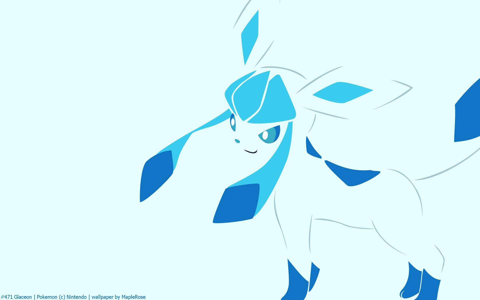 Glaceon 桌布 壁紙 — 一隻風格化的藍白冰伊布寶可夢，在柔和的淺藍色背景上以清晰的數位線條站立。