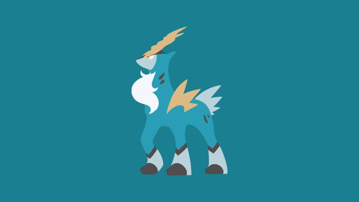 Pokemon Aesthetic 桌布 壁紙 — 一隻風格化的藍白寶可夢，帶有黃色閃電形狀的冠飾，站在純青色背景前。
