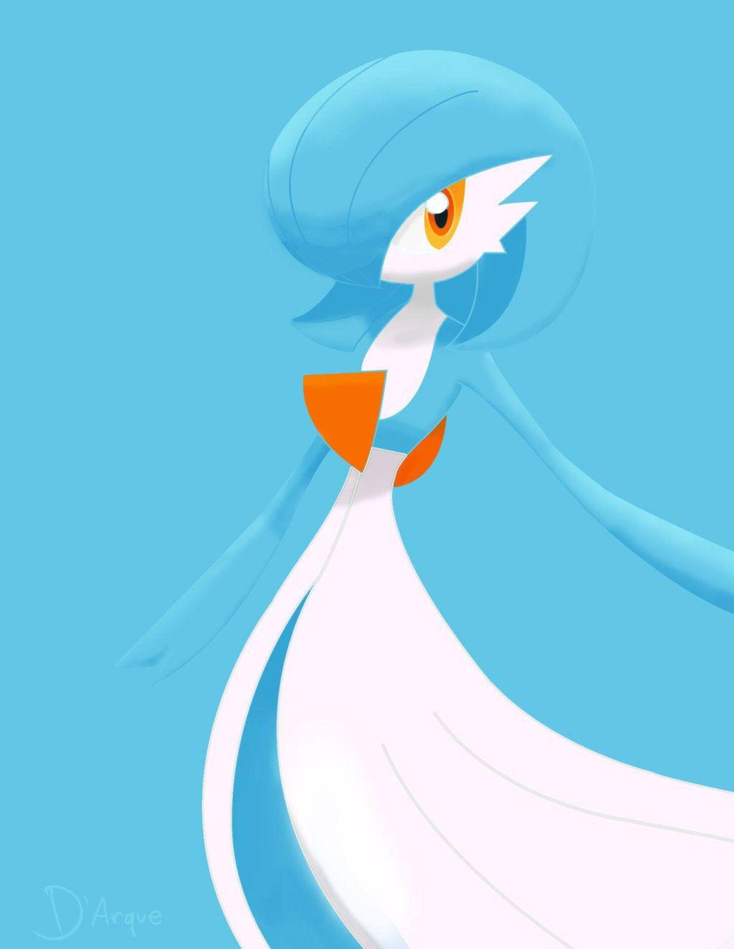 Gardevoir 桌布 壁紙 — 一隻風格化的藍白相間動畫鳥類寶可夢，帶有橙色點綴，站在純淺藍色背景前。