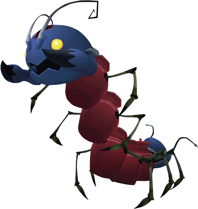 Centipede 桌布 壁紙 — 一隻風格化的藍紅相間螞蟻狀生物，帶有發光的黃色眼睛和分節的身體，站在黑色背景前。