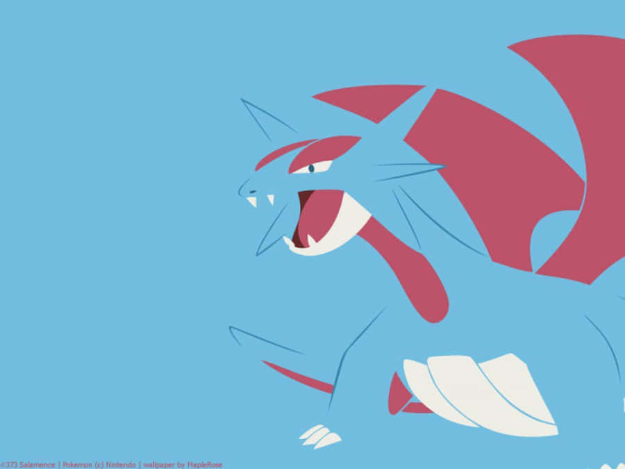 Salamence 桌布 壁紙 — 一隻風格化的藍紅龍型寶可夢在純淺藍色背景上兇猛咆哮。