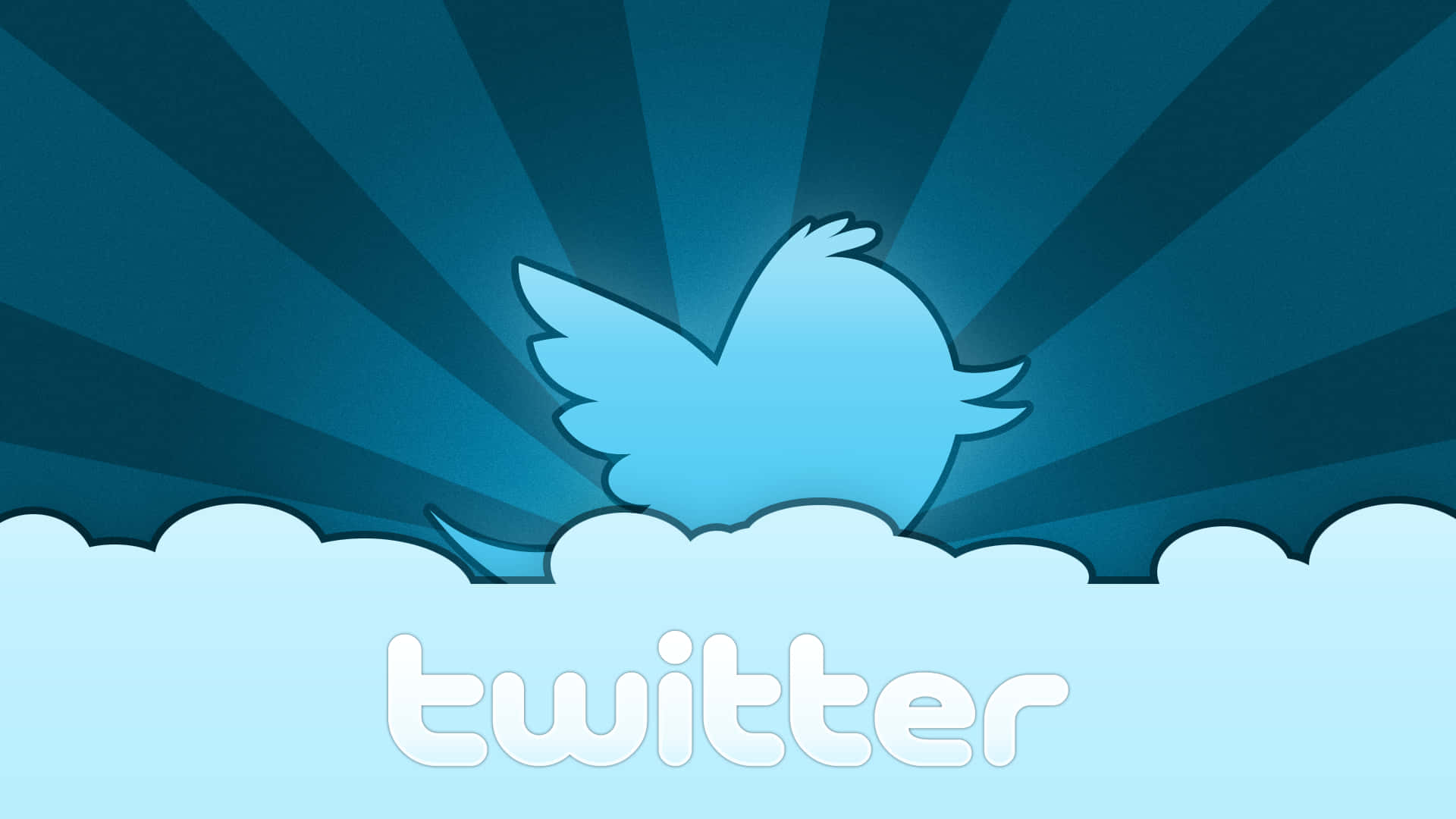 Twitter 桌布 壁紙 — 一隻風格化的藍色Twitter鳥從蓬鬆的白雲中浮現，背景是燦爛的藍色太陽光線。