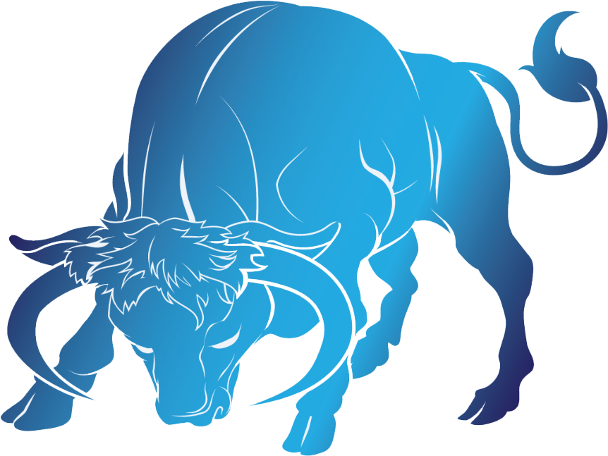 taurus 桌布 壁紙 — 一隻風格化的藍色公牛，帶有白色輪廓，在黑色背景上向前衝刺。