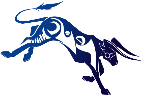 taurus 桌布 壁紙 — 一隻風格化的藍色公牛，帶有白色部落圖案，在黑色背景上躍動。