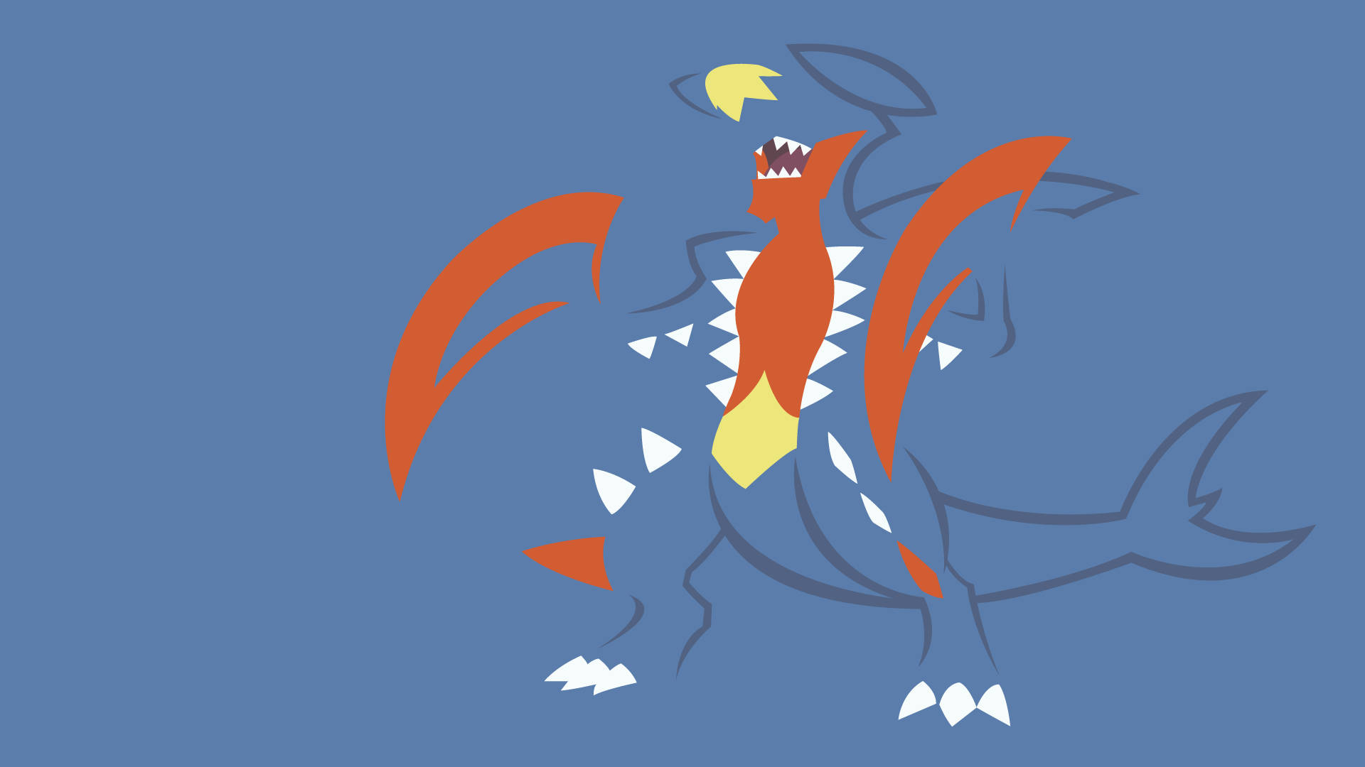 Garchomp 桌布 壁紙 — 一隻風格化的藍色和橙色龍，帶有鋒利的白色尖刺，在純藍色背景上咆哮。