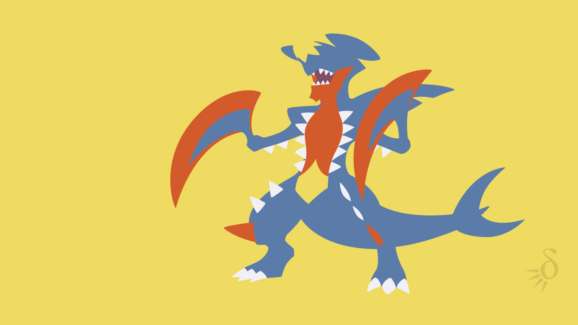 Garchomp 桌布 壁紙 — 一隻風格化的藍色和橙色龍，擁有鋒利的爪子和牙齒，在純黃色背景上咆哮。