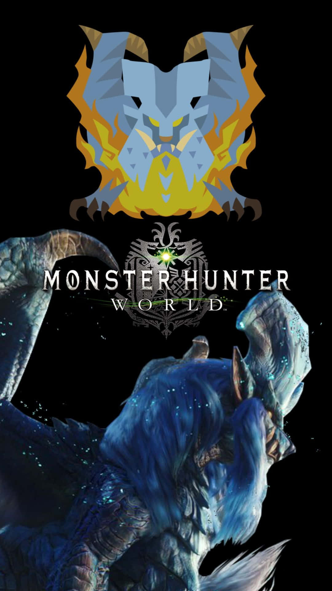 Android Monster Hunter World 桌布 壁紙 — 一隻風格化的藍色怪物，有著發光的眼睛和火焰般的角，在黑色背景上與Monster Hunter World標誌一同出現。