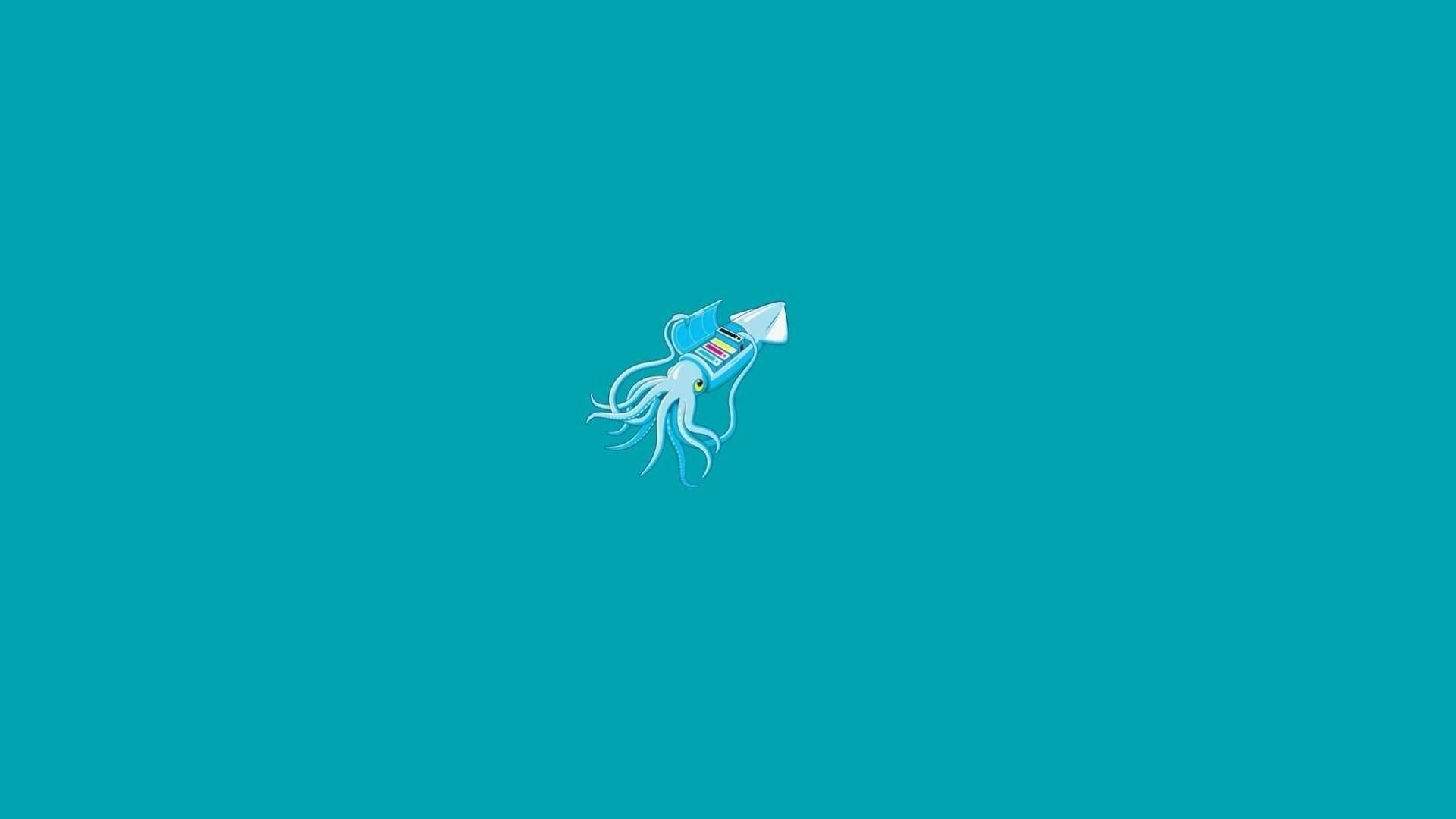 squid 桌布 壁紙 — 一隻風格化的藍色魷魚，帶有條紋墨囊和白色觸手，漂浮在純青色背景上。