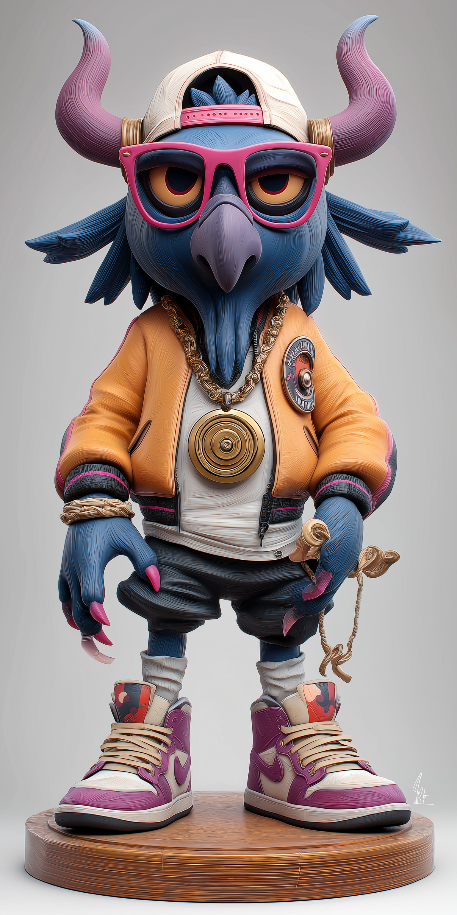 character 桌布 壁紙 — 一隻風格化的藍色鳥，有紫色角，戴著粉紅色眼鏡、橙色外套和紫色運動鞋，站在木製底座上。