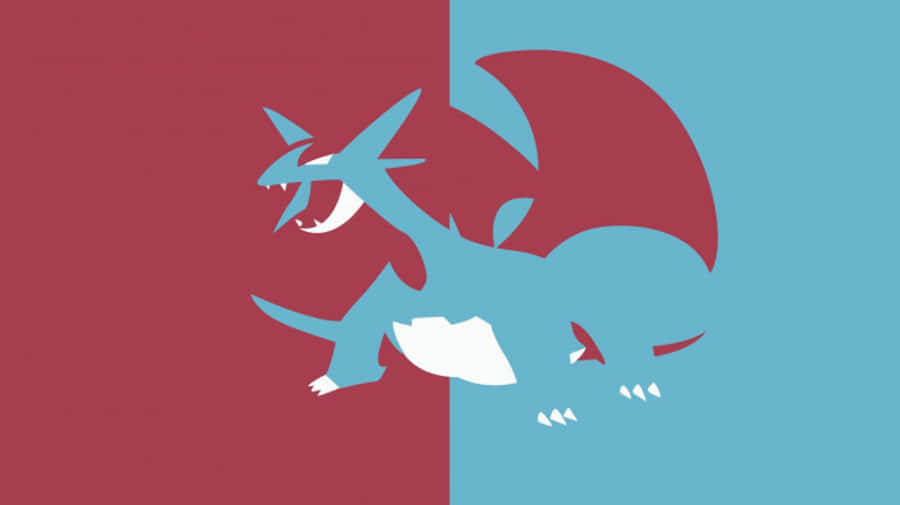 Salamence 桌布 壁紙 — 一隻風格化的藍色龍，分為紅色和藍色兩半，帶有白色點綴，背景為雙色調。