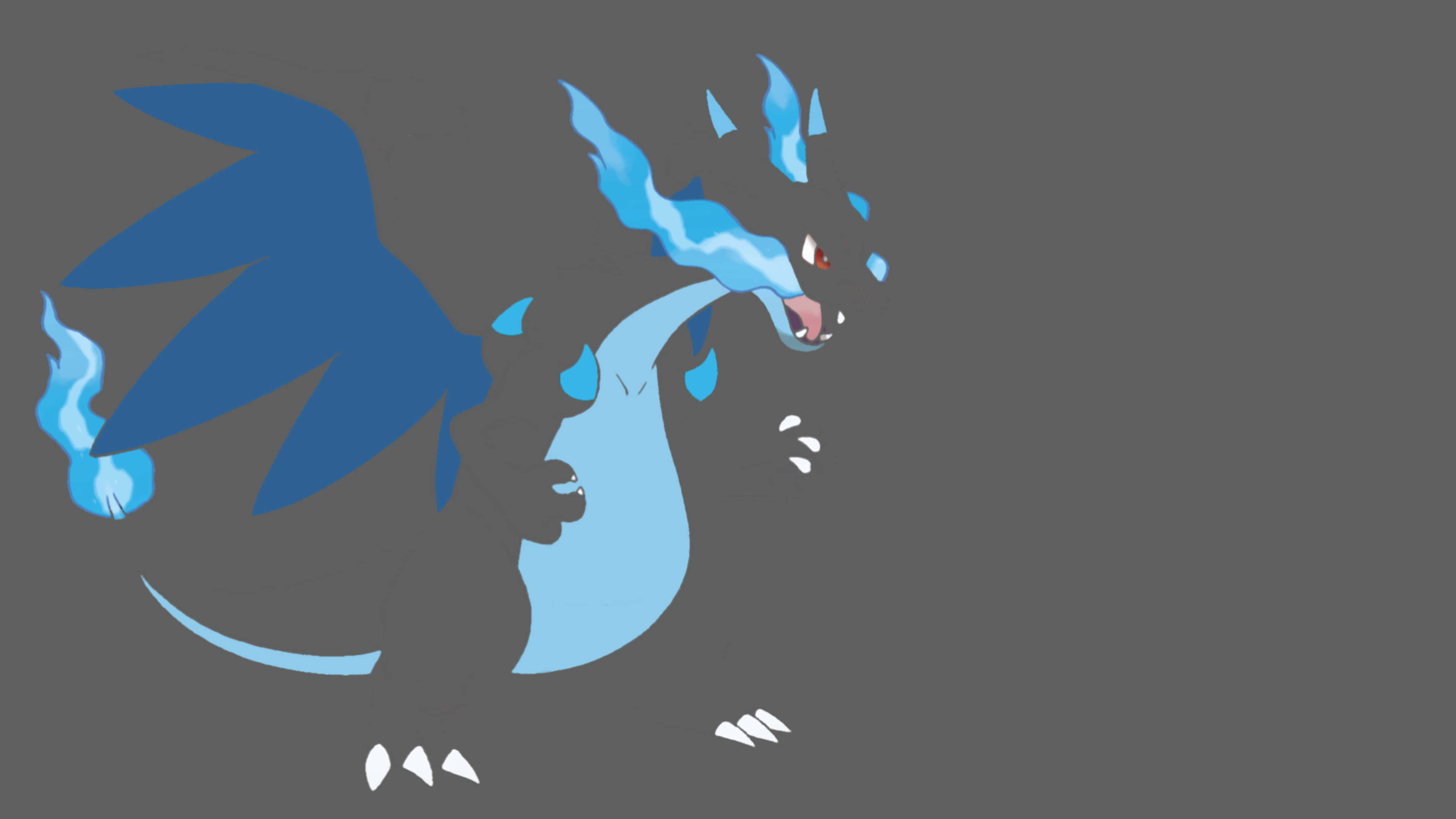 Pokemon Charizard 桌布 壁紙 — 一隻風格化的藍色龍，帶有火焰狀的尖刺，在純灰色背景上咆哮。