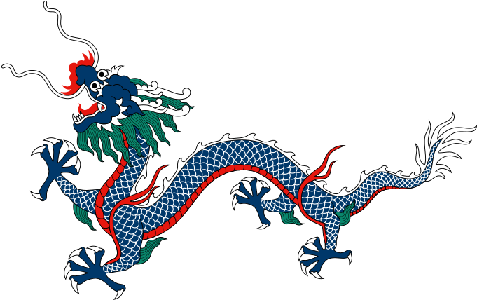 中國龍 桌布 壁紙 — 一隻風格化的藍色龍，帶有紅色點綴和綠色鬃毛，在純黑背景上動態盤繞。