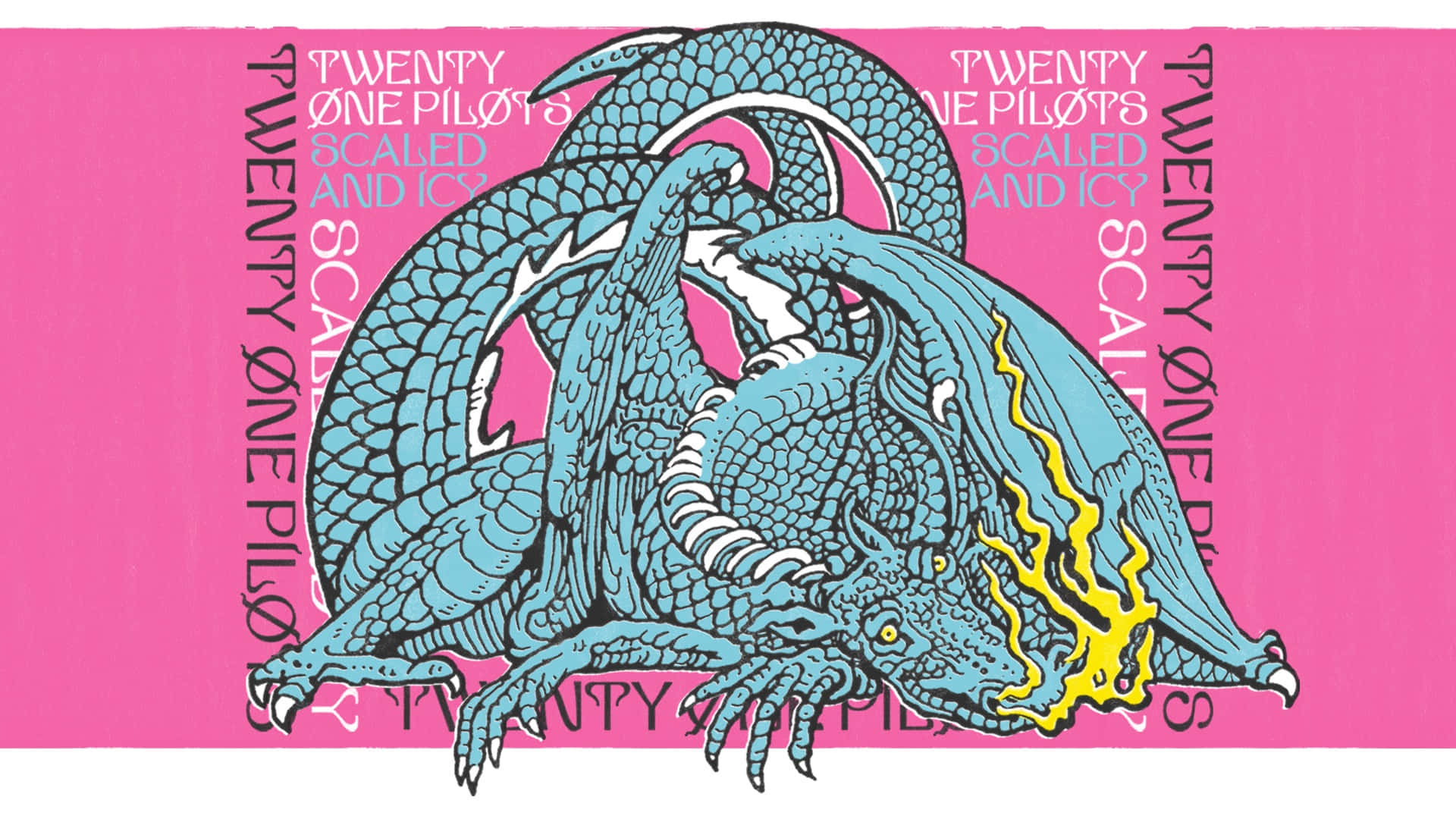 Scaled And Icy 桌布 壁紙 — 一隻風格化的藍色龍，帶有黃色火焰，對著帶有重複條紋文字的鮮豔粉紅色背景噴氣。