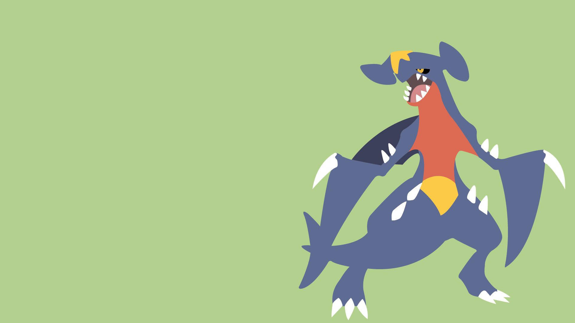 Garchomp 桌布 壁紙 — 一隻風格化的藍色龍系寶可夢，紅色胸部及黃色點綴，在純淺綠色背景上咆哮。