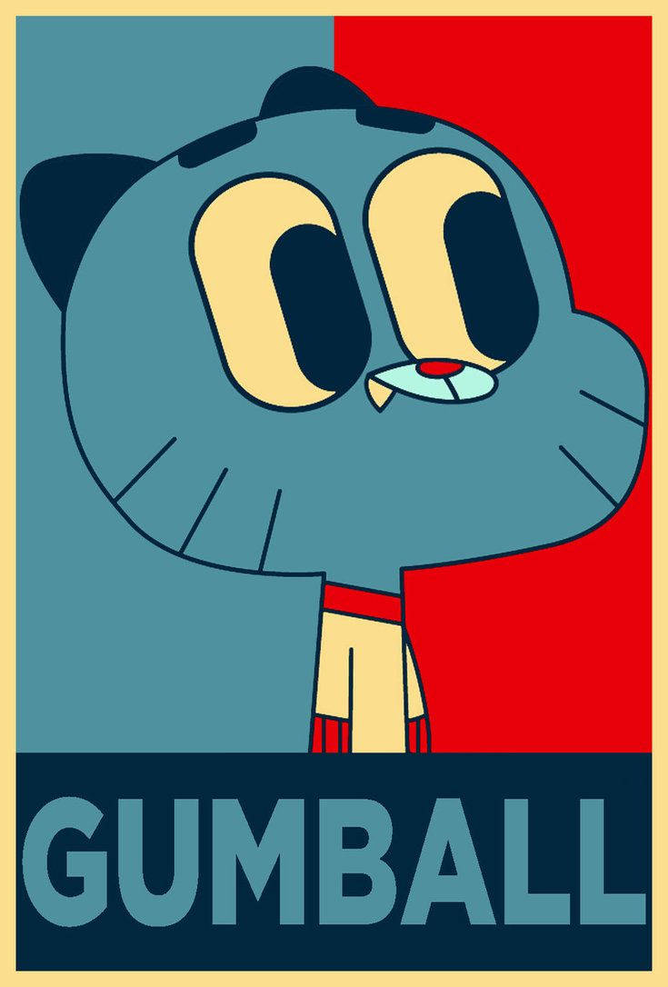 Gumball 桌布 壁紙 — 一隻風格化的藍貓，有著大黃眼睛和紅色圍巾，站在藍紅分半的背景前，下方有名字 Gumball。