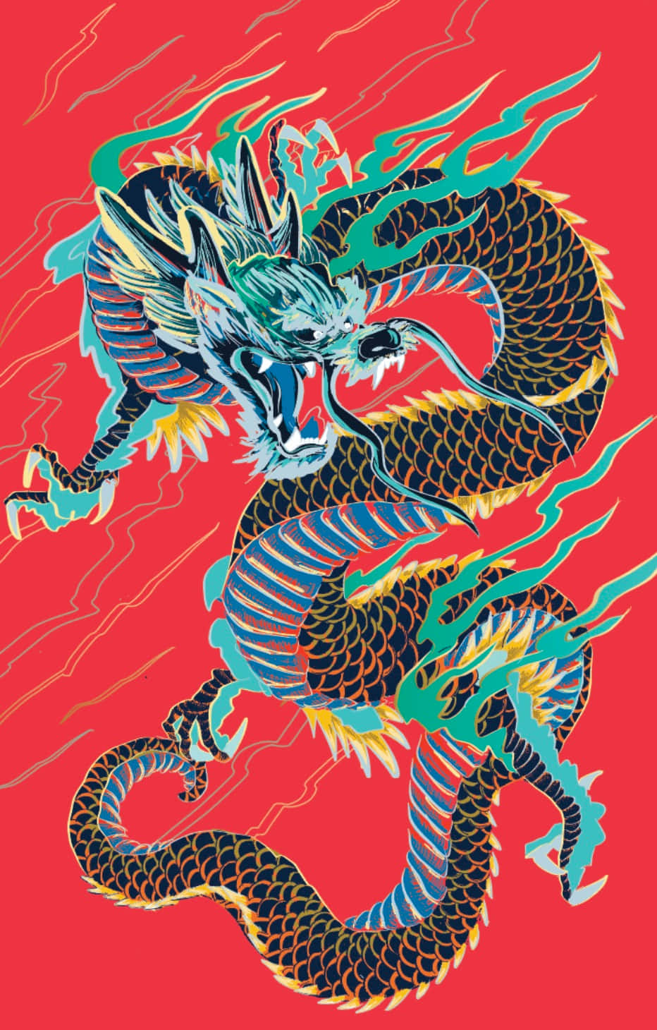 Samurai Dragon 桌布 壁紙 — 一隻風格化的藍金龍，帶有火熱的藍綠色鬃毛和利爪，在帶有條紋的鮮紅色背景上咆哮。