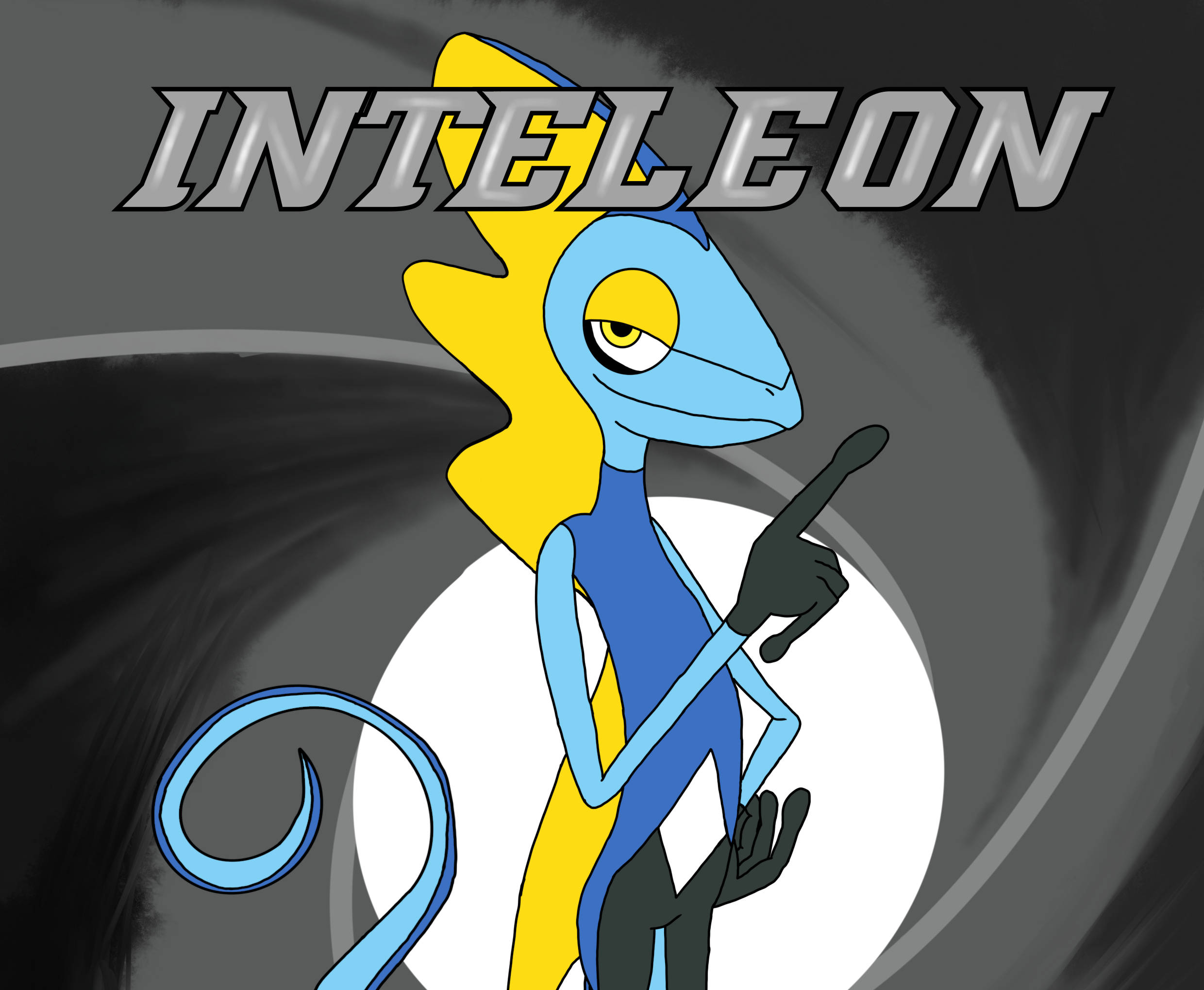 寶可夢 桌布 壁紙 — 一隻風格化的藍黃色 Inteleon 自信地指向旋轉的灰色背景，上方有粗體文字。