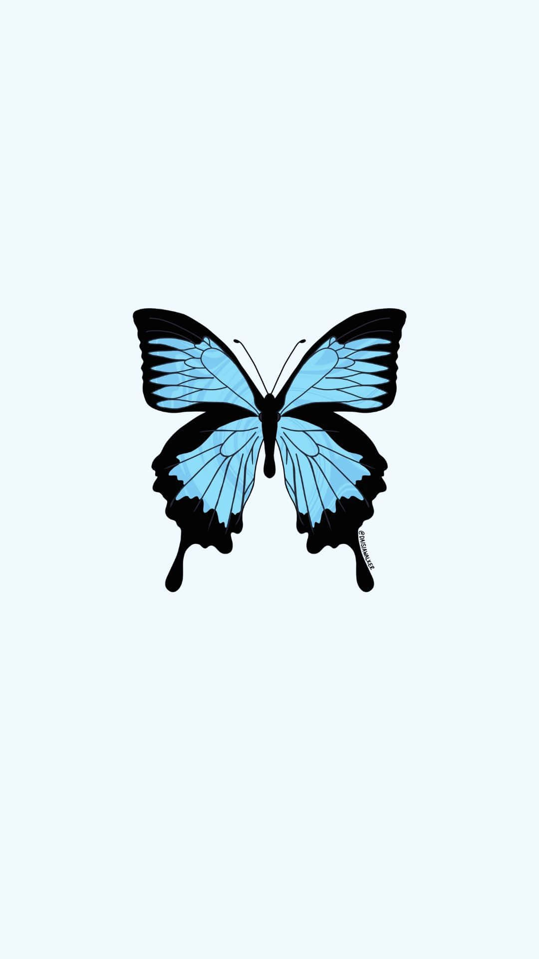 Butterfly Profile 桌布 壁紙 — 一隻風格化的藍黑蝴蝶，翅膀邊緣滴落，居中於淺藍色背景上。