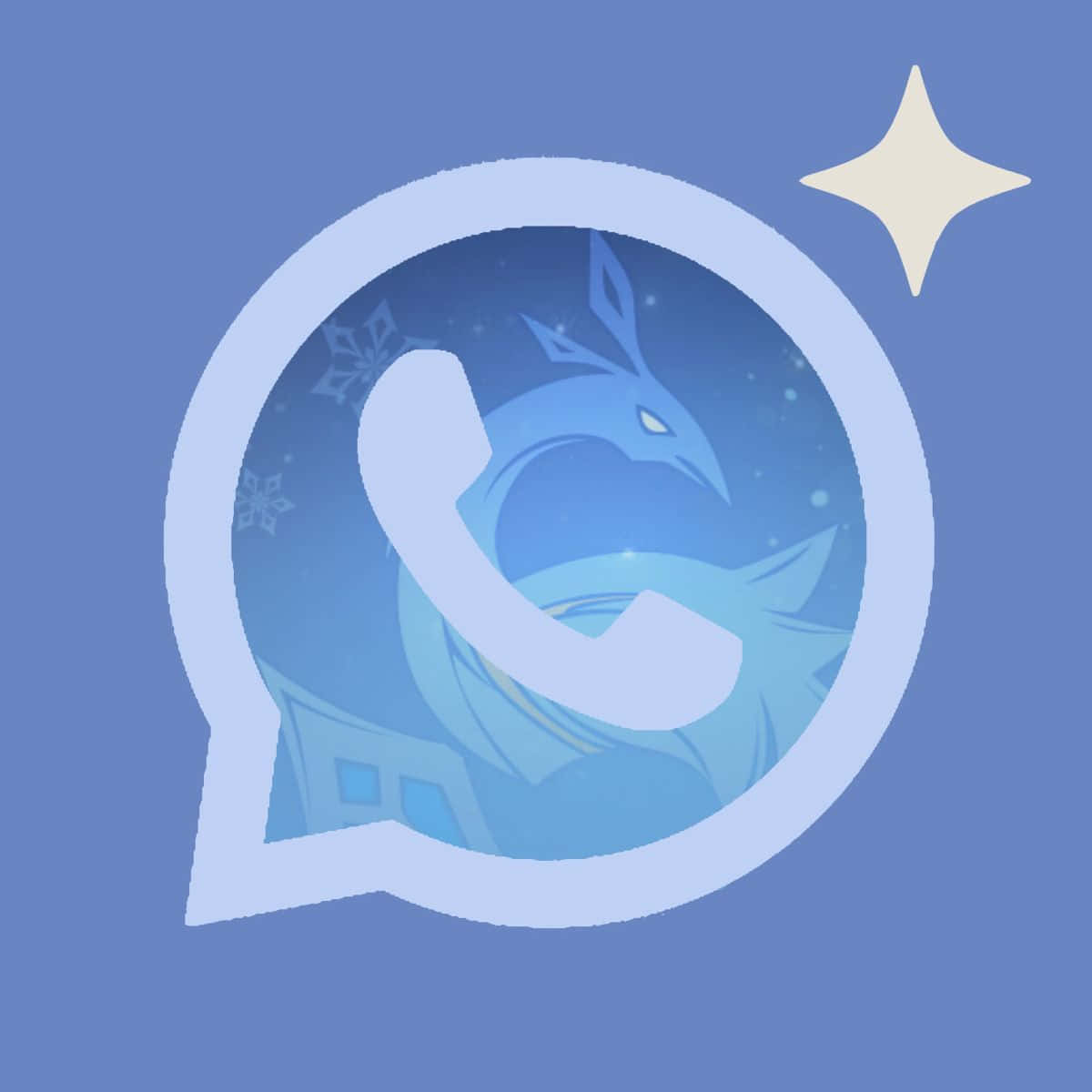 WhatsApp 桌布 壁紙 — 一隻風格化的藍龍透過對話氣泡圖標窺視，背景是柔和的藍色和發光的星星。