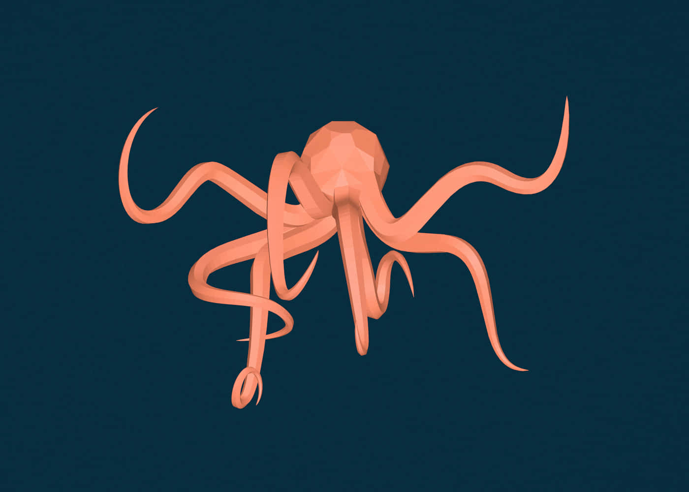 Giant Squid 桌布 壁紙 — 一隻風格化的蜜桃色章魚，帶有幾何觸手，漂浮在深青色背景上。