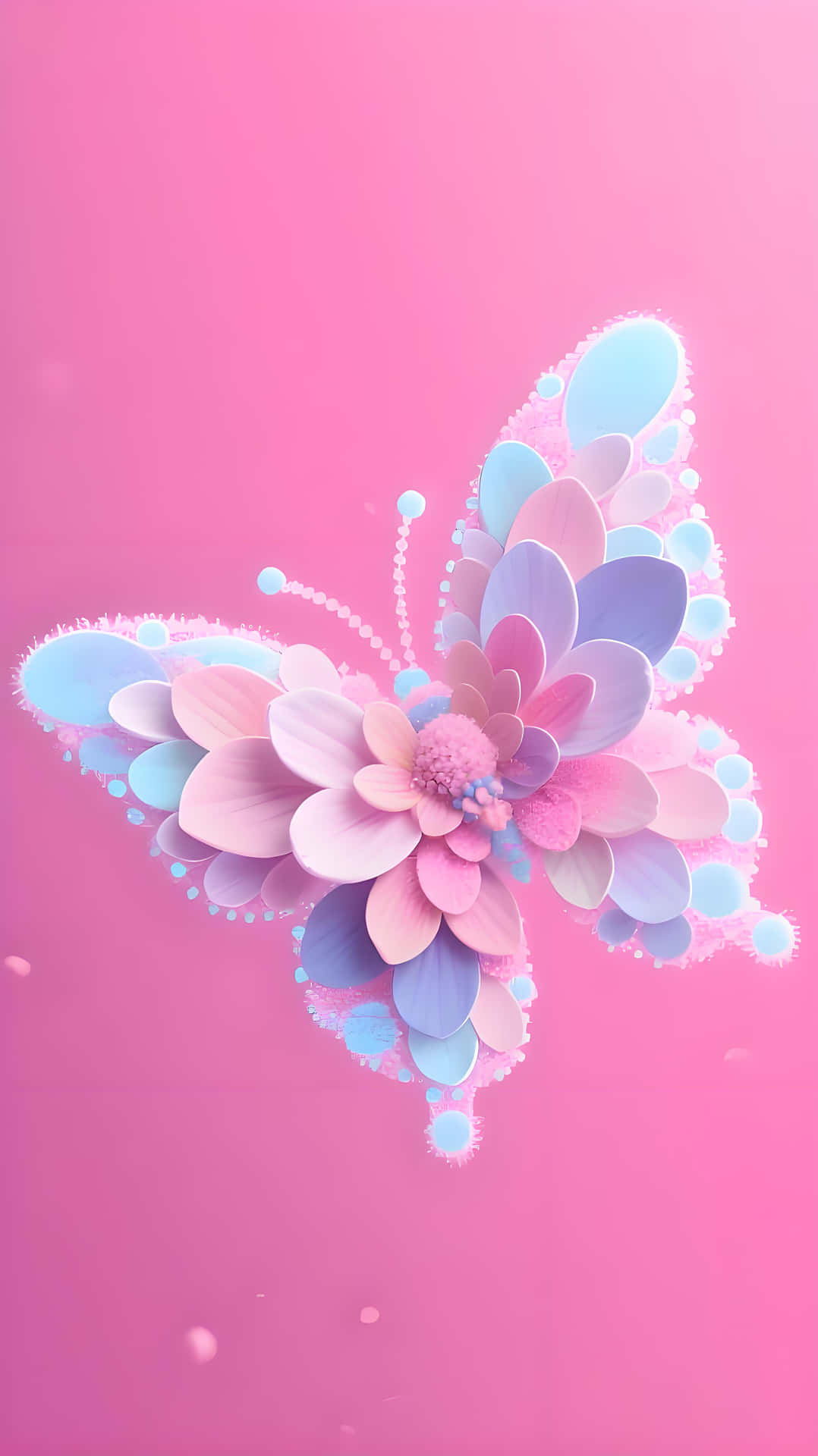 Pink Floral Butterfly: Dreamy Romantic Wallpaper 壁紙 — 一隻風格化的蝴蝶，帶有層疊的粉彩粉紅和藍色花瓣，漂浮在柔和的漸變粉紅背景上。