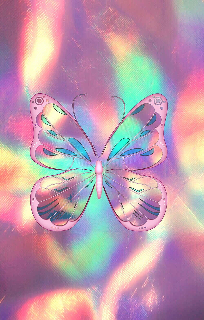 Glitter Butterfly 桌布 壁紙 — 一隻風格化的蝴蝶，帶有彩虹色翅膀，漂浮在閃爍的全息漸變背景上。