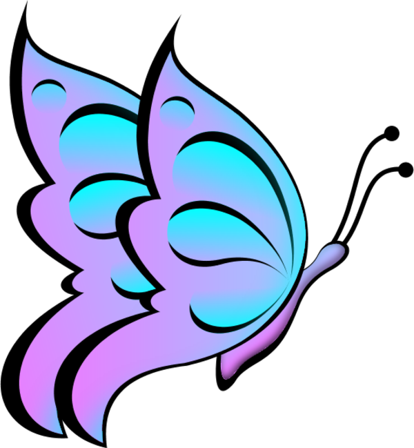 Butterfly Transparent 桌布 壁紙 — 一隻風格化的蝴蝶，帶有發光的藍色和紫色漸變翅膀，在純黑色背景上以黑色勾勒輪廓。