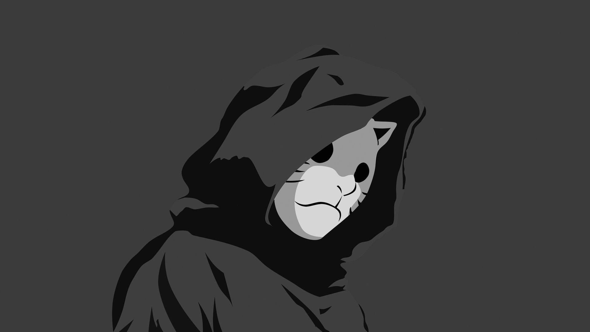 黑色動畫gif 桌布 壁紙 — 一隻風格化的貓，身穿深色連帽斗篷，面露苦相，置於單色灰色背景上。
